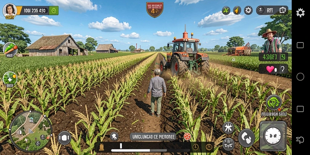 Screenshot gameplay 55RT menampilkan kebun yang asri dan aktivitas pertanian.