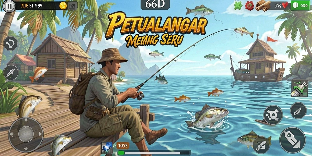 Screenshot 66D menunjukkan keindahan gameplay memancing yang dinamis.