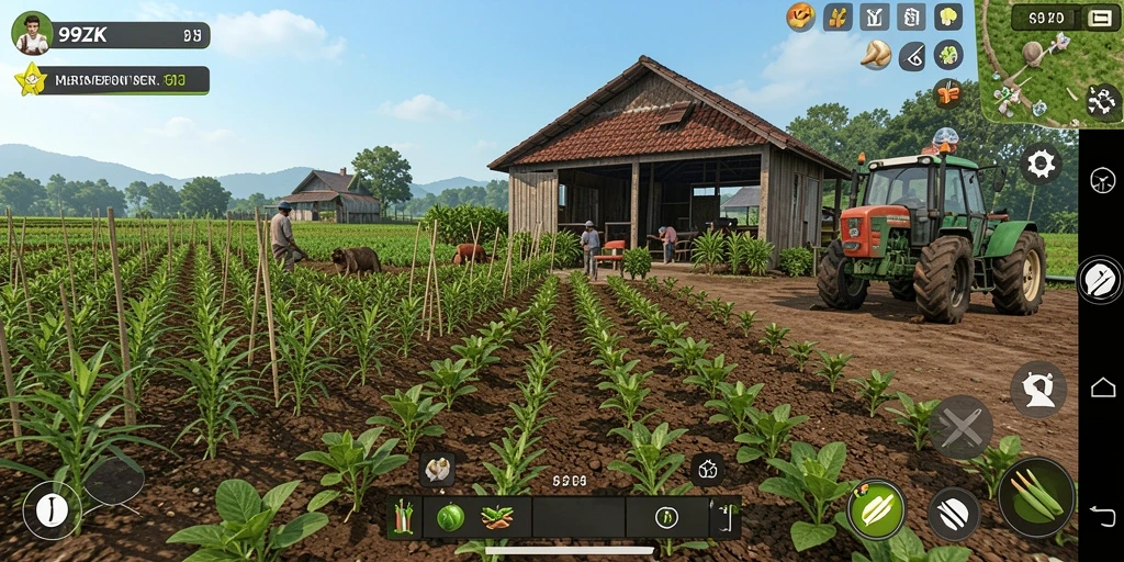 Tampilan gameplay seru dalam 99ZK dengan lahan pertanian yang indah.