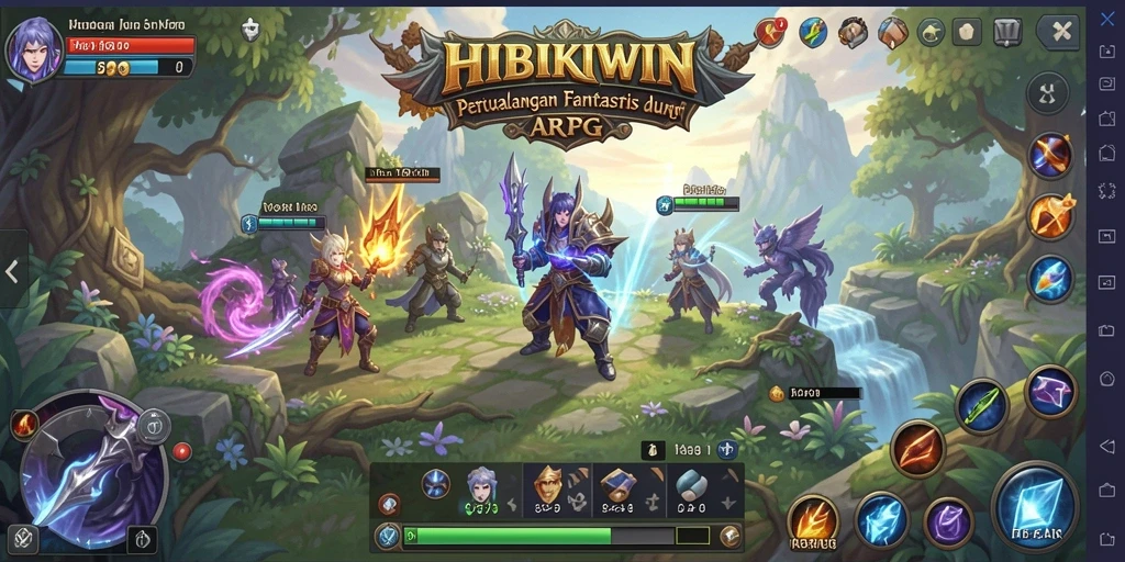 Screenshot HIBIKIWIN menunjukkan pertarungan epik dalam dunia fantasi.