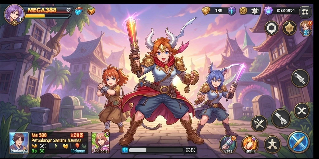 Screenshot utama MEGA388 menunjukkan aksi dinamis dengan karakter anime yang menarik.