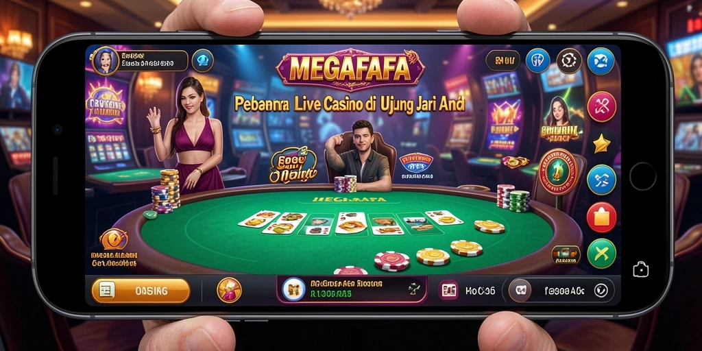Screenshot utama MEGAFAFA menampilkan dealer langsung di tengah permainan yang seru.