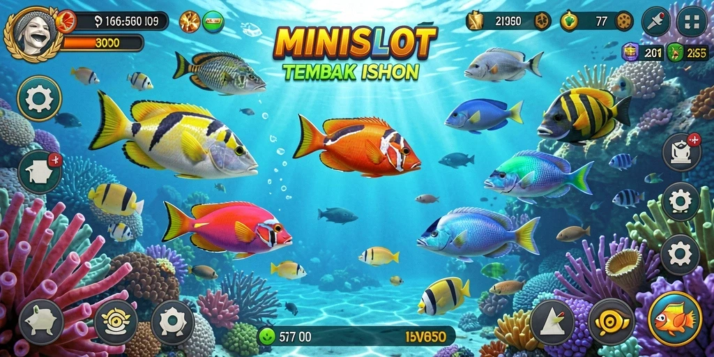 Tampilan gameplay <strong>MINISLOT</strong> dengan berbagai ikan berwarna-warni di lautan.