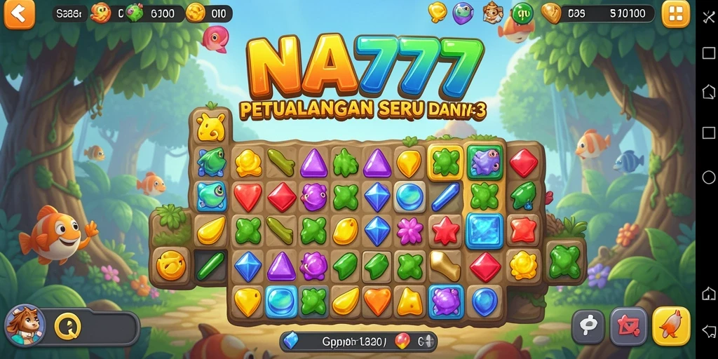 Screenshot gameplay NA777 menunjukkan kombinasi warna-warni di level Match-3.