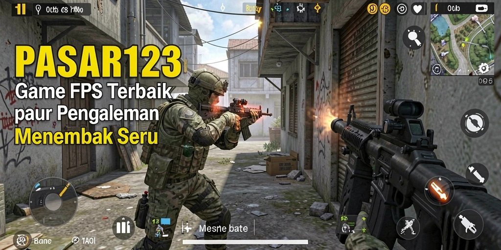 Screenshot utama PASAR123 menampilkan aksi tembak menembak intens di medan perang yang realistis.