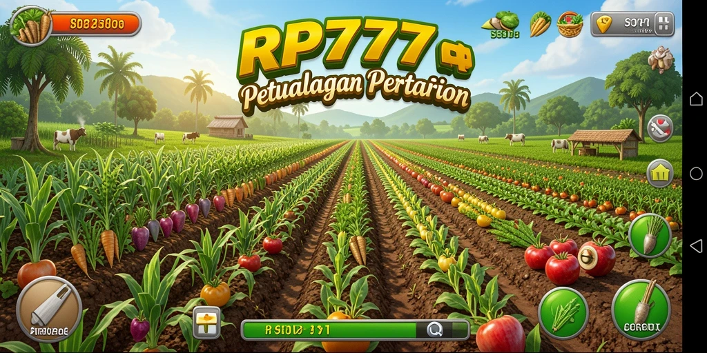 Tangkapan layar gameplay RP777, menunjukkan ladang yang subur dan interaksi dengan hewan ternak.
