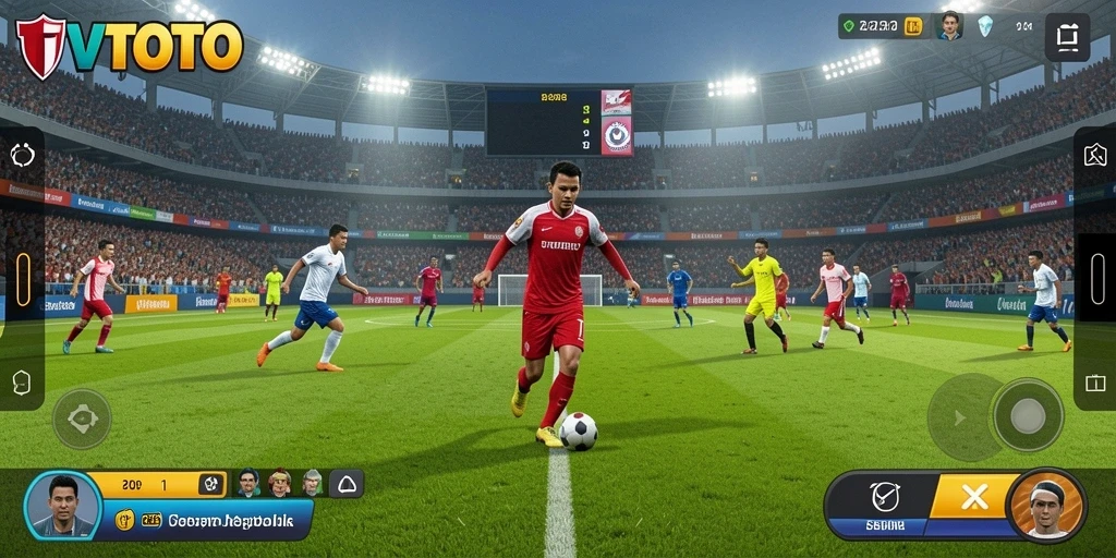 Tampilan gameplay sepak bola yang mendebarkan dengan aksi penuh strategi.